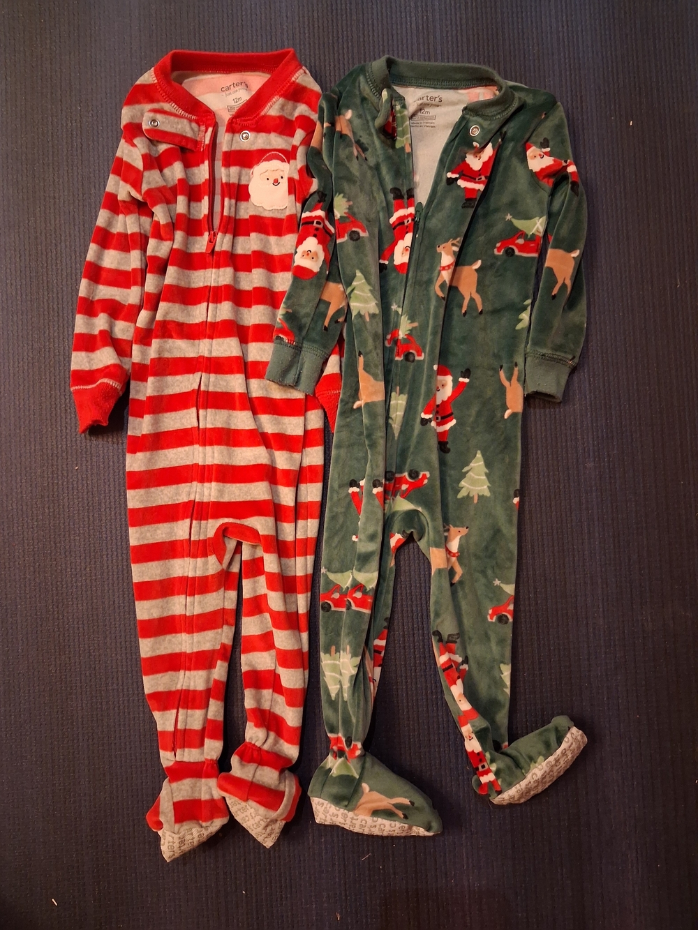Lot Of 2 Carter's 12 Months Red & Green Christmas Footed One-Piece Pajamas Sets